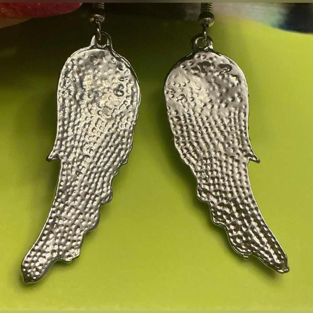 Whimsigoth Angel Fairy Wing Earrings Silvertone Iridescent Biker Rodeo Festival